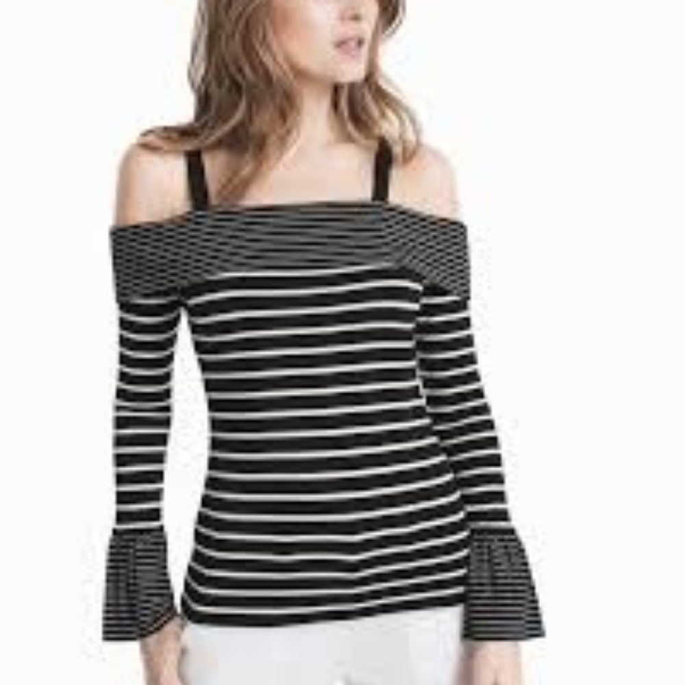 WHBM Striped Off the Shoulder Flare Sleeve Top